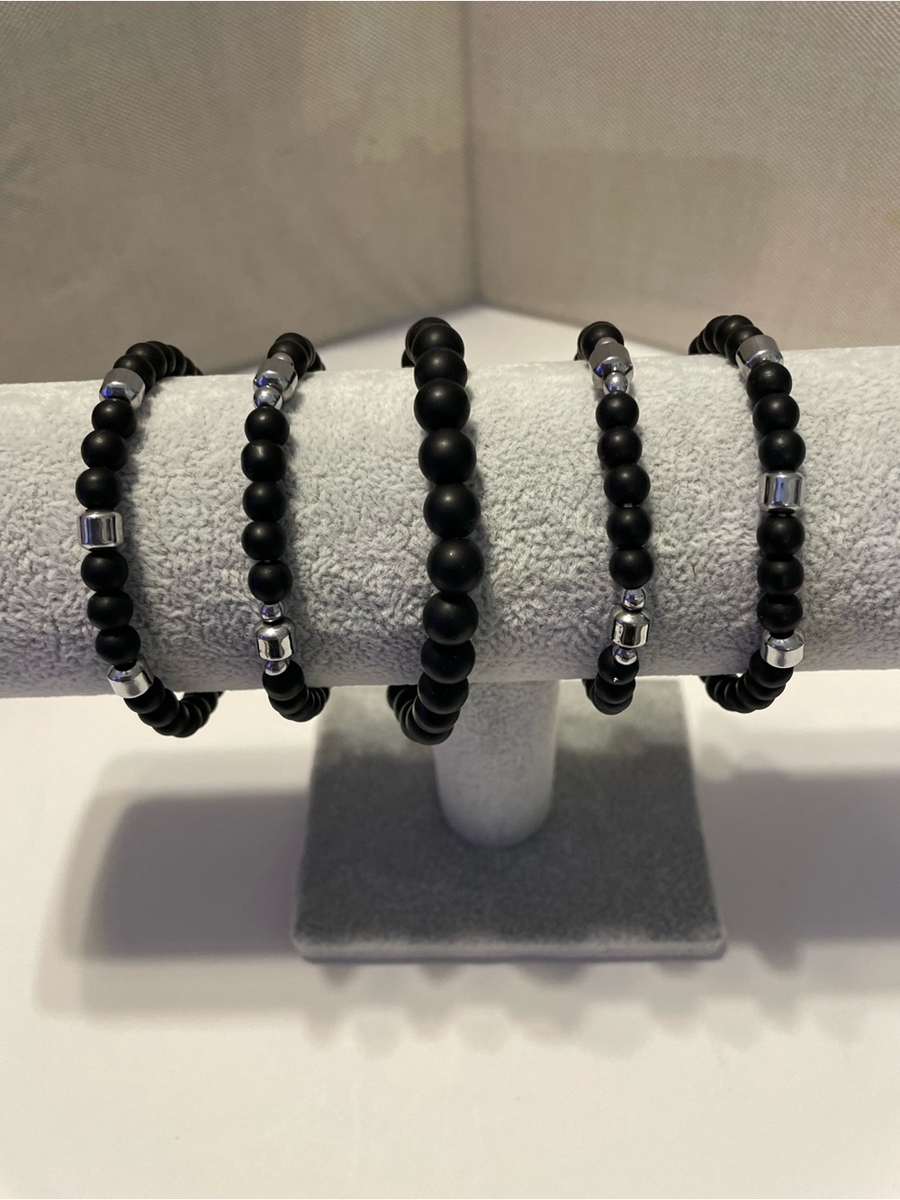 Black Onyx Beaded Stretch Bracelet Set of 4 with Silver Accent & Beads